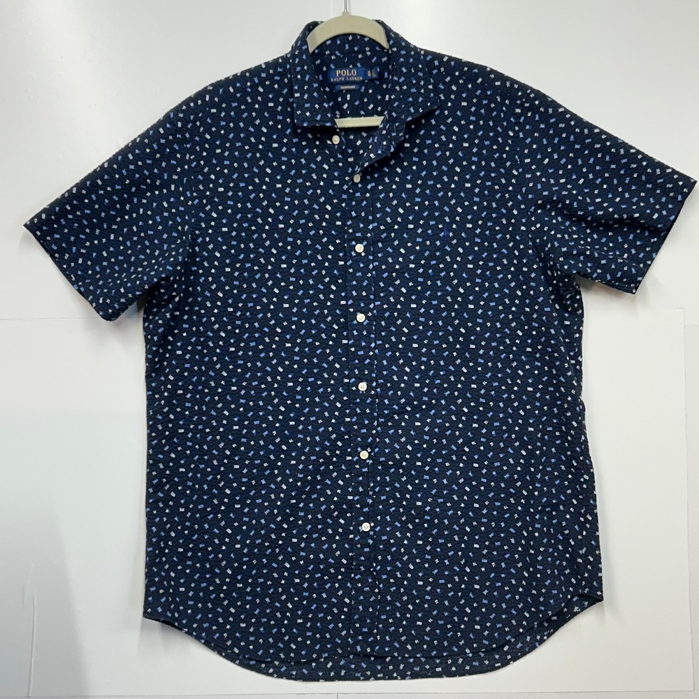 Polo Ralph Lauren Men XL Navy Seersucker Nautical Flag Short Sleeve Button Shirt